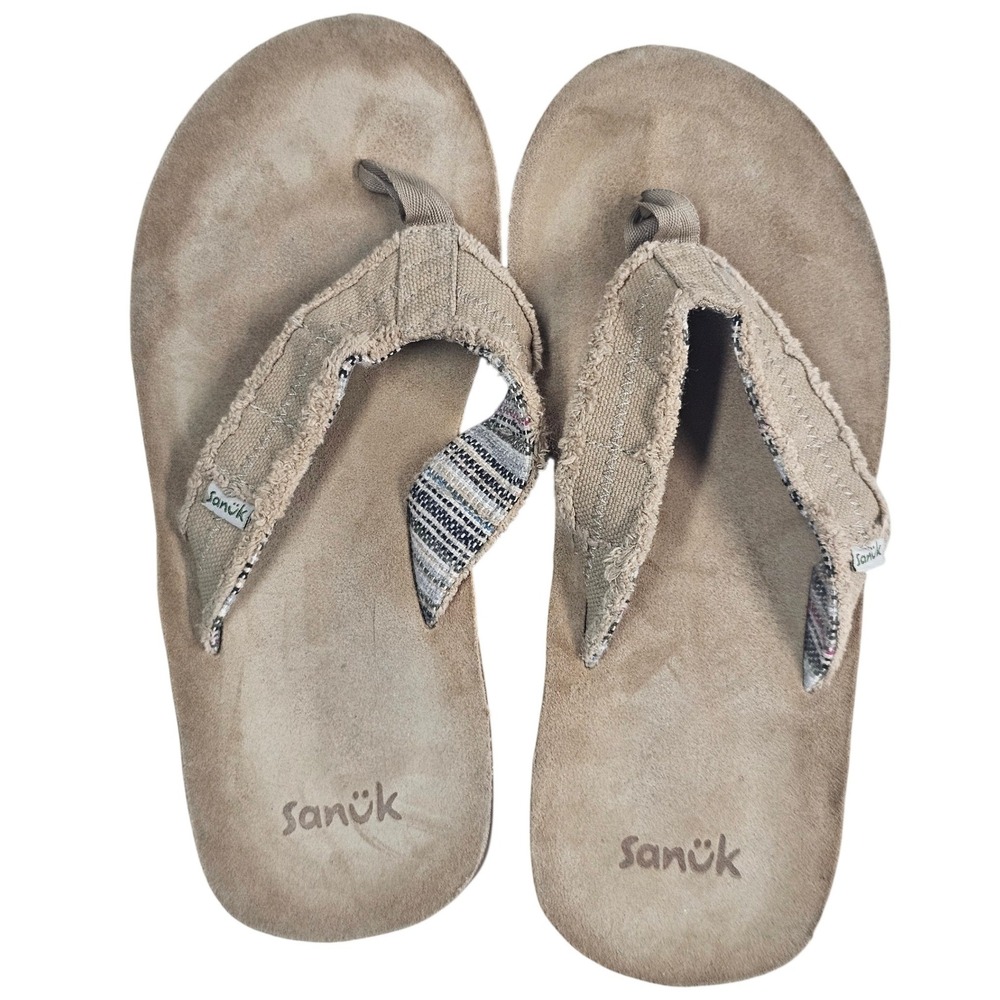 Sanuk Beer Cozy Mens Tan Frayed Canvas Flip Flop Sandals Size 9 S/N 1118736